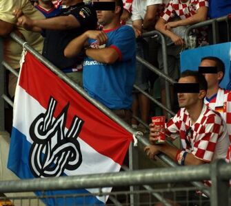 Fahne der kroatischen "Ustascha Jugend" beim EM-Viertelfinale Kroatien - Türkei in Wien.